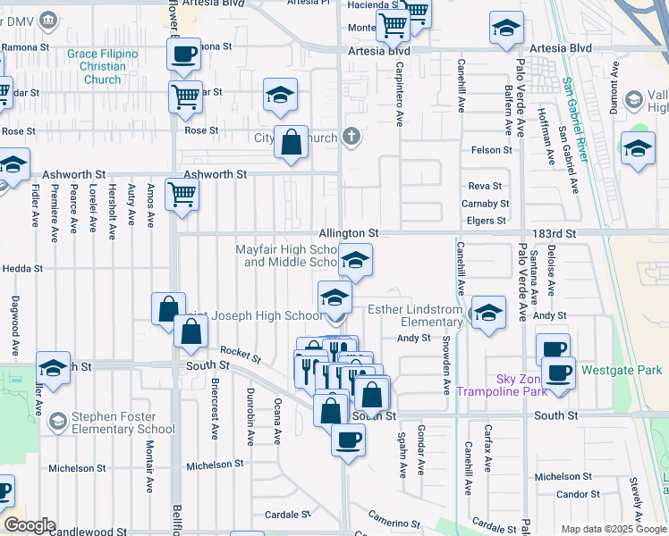 map of restaurants, bars, coffee shops, grocery stores, and more near 5822 Hedda Street in Lakewood