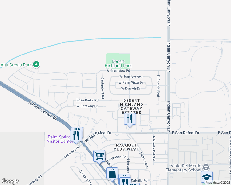 map of restaurants, bars, coffee shops, grocery stores, and more near 560 West Avenue Cerca in Palm Springs