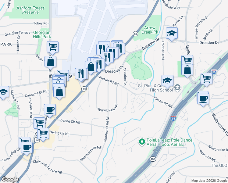 map of restaurants, bars, coffee shops, grocery stores, and more near 2469 Warwick Circle Northeast in Atlanta