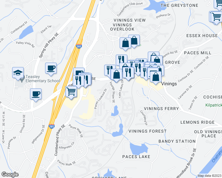 map of restaurants, bars, coffee shops, grocery stores, and more near 2828 Broughton Lane Southeast in Atlanta