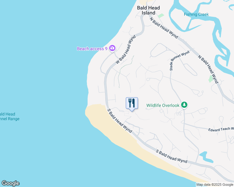 map of restaurants, bars, coffee shops, grocery stores, and more near 14 Water Thrush Court in Bald Head Island