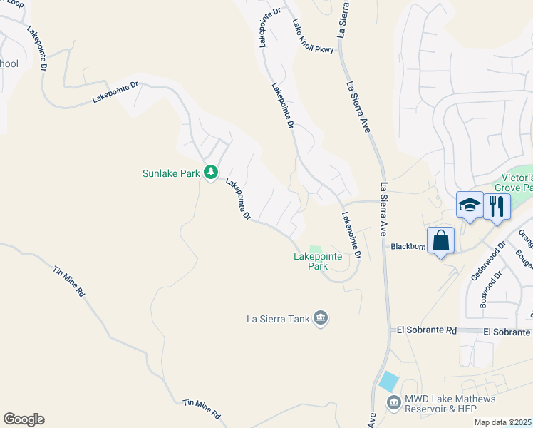 map of restaurants, bars, coffee shops, grocery stores, and more near 17640 Mountain Court in Riverside