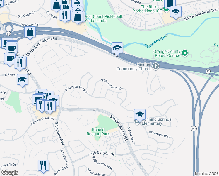 map of restaurants, bars, coffee shops, grocery stores, and more near 559 South Eveningsong Lane in Anaheim