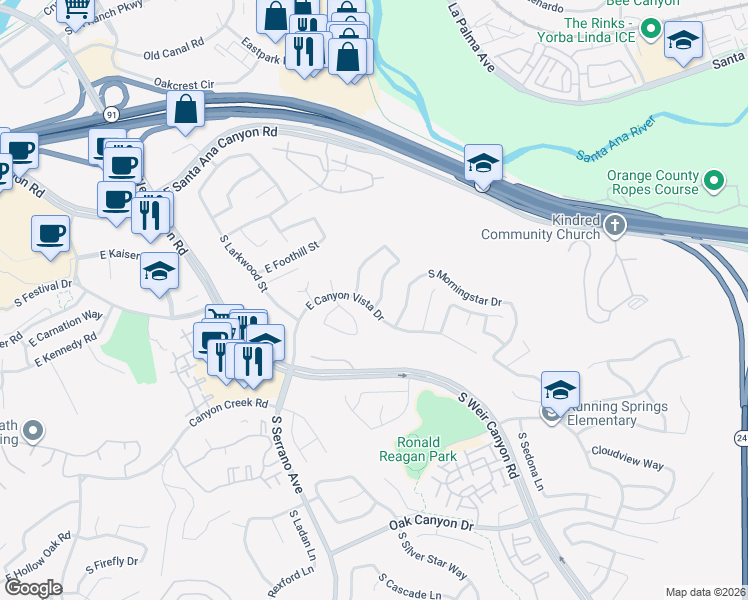 map of restaurants, bars, coffee shops, grocery stores, and more near 556 South Laureltree Drive in Anaheim