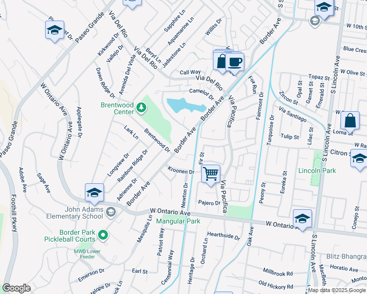 map of restaurants, bars, coffee shops, grocery stores, and more near 1595 Border Avenue in Corona