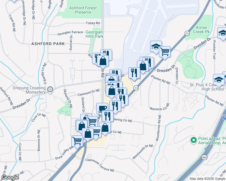 map of restaurants, bars, coffee shops, grocery stores, and more near 4166 Buford Highway Northeast in Atlanta