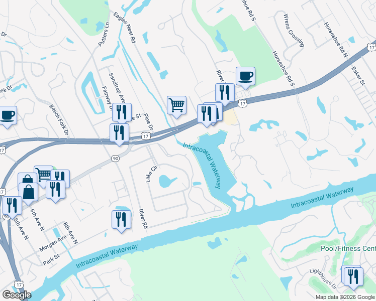 map of restaurants, bars, coffee shops, grocery stores, and more near 4633 Lightkeepers Way in Little River