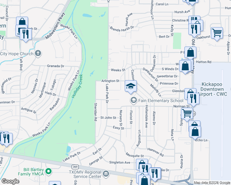 map of restaurants, bars, coffee shops, grocery stores, and more near 1603 Sparks Street in Wichita Falls