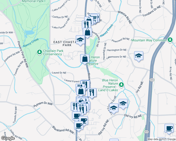 map of restaurants, bars, coffee shops, grocery stores, and more near 4000 Roswell Rd NE in Atlanta