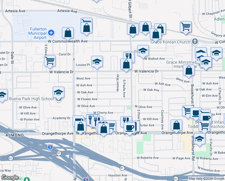 map of restaurants, bars, coffee shops, grocery stores, and more near 2413 West Oak Avenue in Fullerton