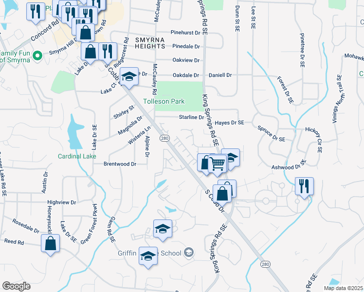 map of restaurants, bars, coffee shops, grocery stores, and more near 201 Coronet Woods Court in Smyrna