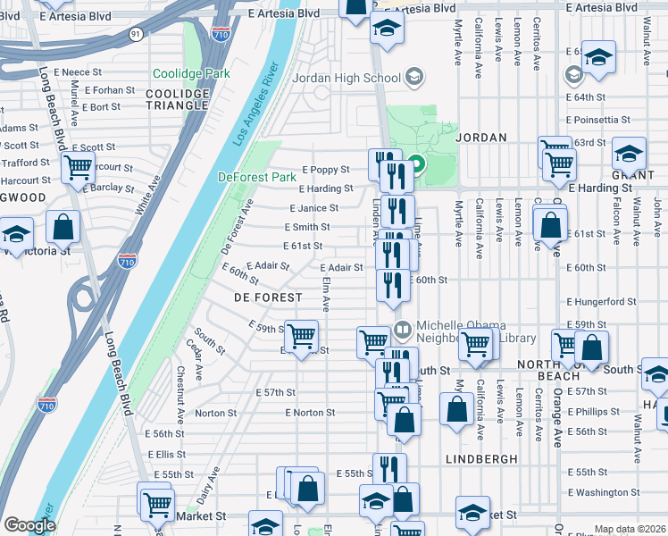 map of restaurants, bars, coffee shops, grocery stores, and more near 413 East Adair Street in Long Beach