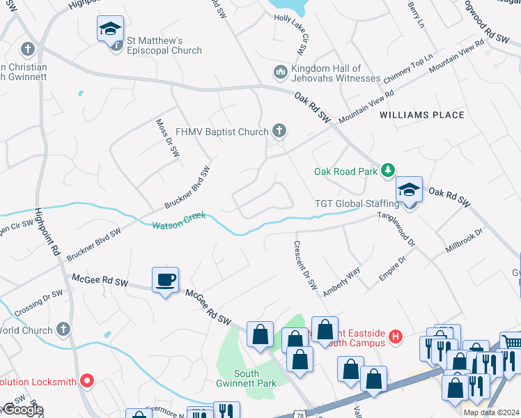 map of restaurants, bars, coffee shops, grocery stores, and more near 3010 Oak Meadow Drive in Snellville