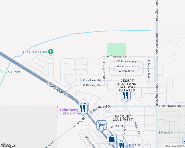 map of restaurants, bars, coffee shops, grocery stores, and more near 746 Ventana Ridge in Palm Springs