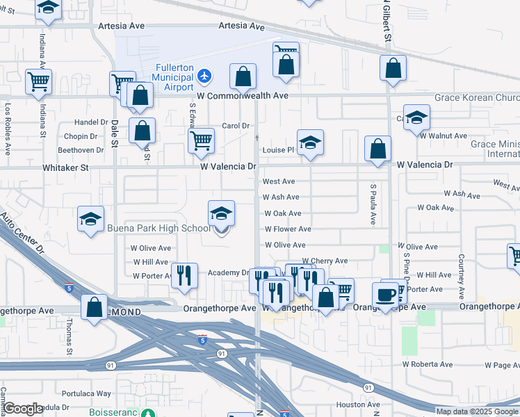 map of restaurants, bars, coffee shops, grocery stores, and more near 3641 West Oak Avenue in Fullerton