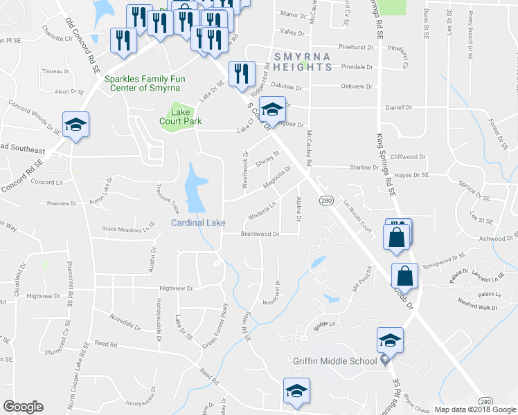 map of restaurants, bars, coffee shops, grocery stores, and more near 3678 Wisteria Lane in Smyrna