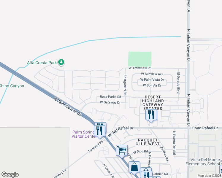 map of restaurants, bars, coffee shops, grocery stores, and more near 703 Ventana Ridge in Palm Springs