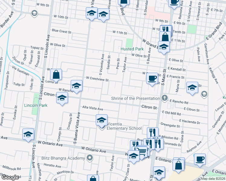 map of restaurants, bars, coffee shops, grocery stores, and more near 1689 Lorraine Drive in Corona