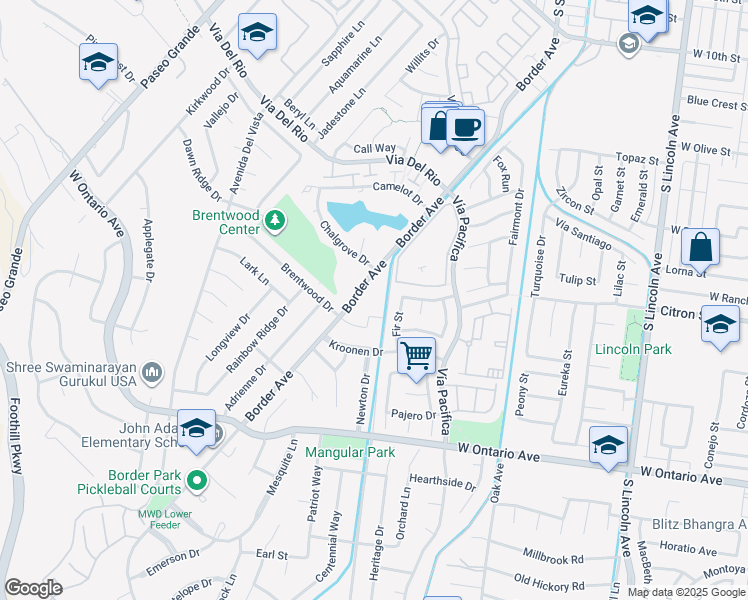 map of restaurants, bars, coffee shops, grocery stores, and more near 1305 Brentwood Circle in Corona
