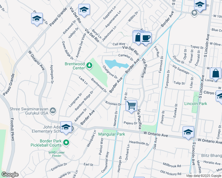 map of restaurants, bars, coffee shops, grocery stores, and more near 1411 Brentwood Drive in Corona