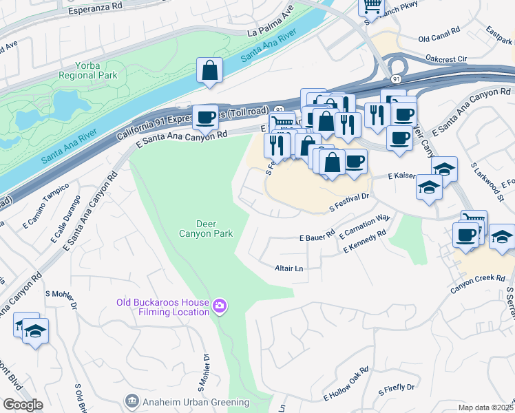 map of restaurants, bars, coffee shops, grocery stores, and more near 205 South Festival Drive in Anaheim