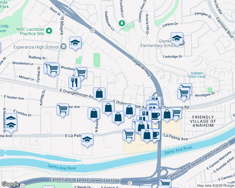 map of restaurants, bars, coffee shops, grocery stores, and more near 5440 East Snow Wood Circle in Anaheim