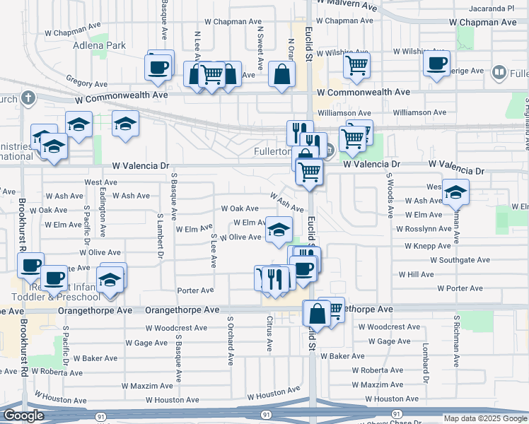 map of restaurants, bars, coffee shops, grocery stores, and more near 1121 West Elm Avenue in Fullerton