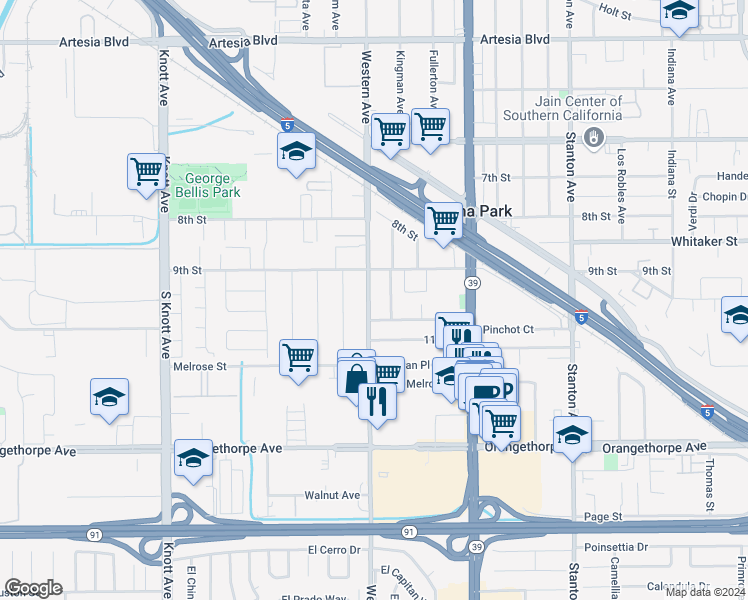 map of restaurants, bars, coffee shops, grocery stores, and more near 6641 Kingman Avenue in Buena Park