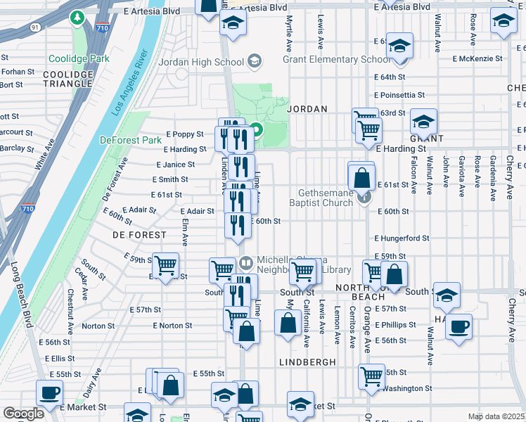map of restaurants, bars, coffee shops, grocery stores, and more near 6017 Olive Avenue in Long Beach