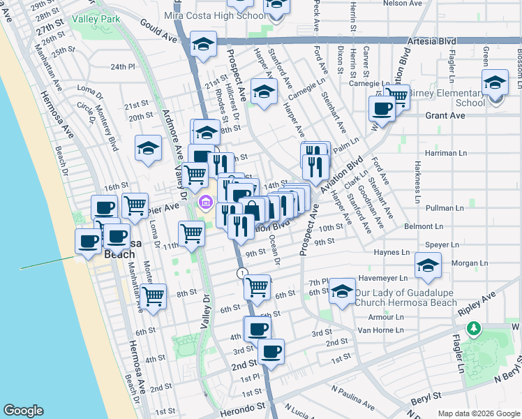 map of restaurants, bars, coffee shops, grocery stores, and more near 955 Montgomery Drive in Hermosa Beach