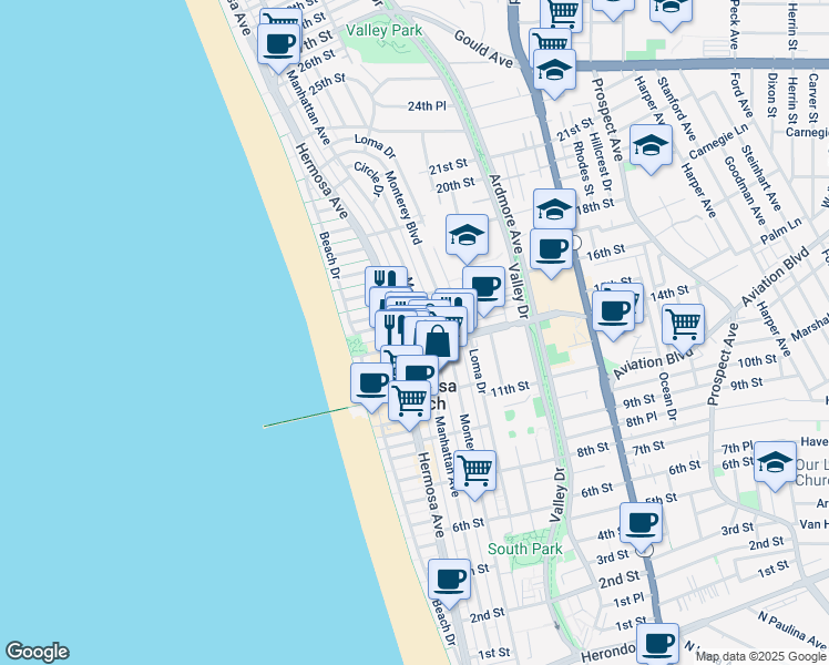 map of restaurants, bars, coffee shops, grocery stores, and more near 1414 Manhattan Avenue in Hermosa Beach