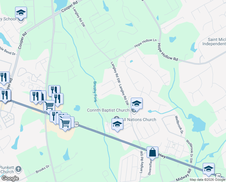 map of restaurants, bars, coffee shops, grocery stores, and more near 790 Langley Farms Drive Southwest in Loganville