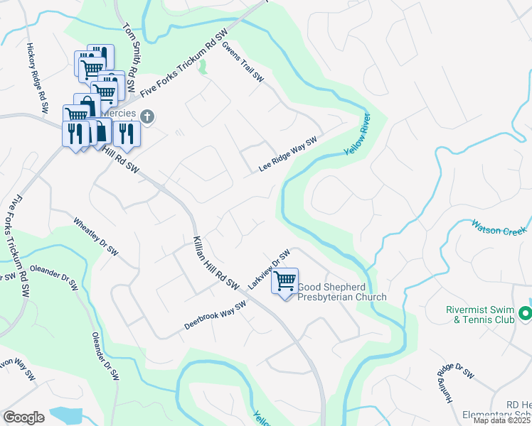 map of restaurants, bars, coffee shops, grocery stores, and more near 3819 Meandering Way Southwest in Lilburn