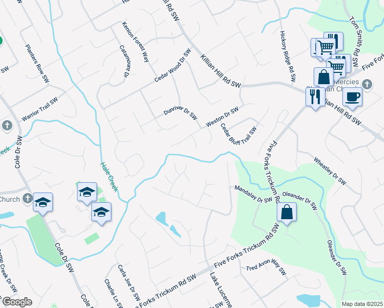 map of restaurants, bars, coffee shops, grocery stores, and more near 959 Cedar Falls Court Southwest in Lilburn