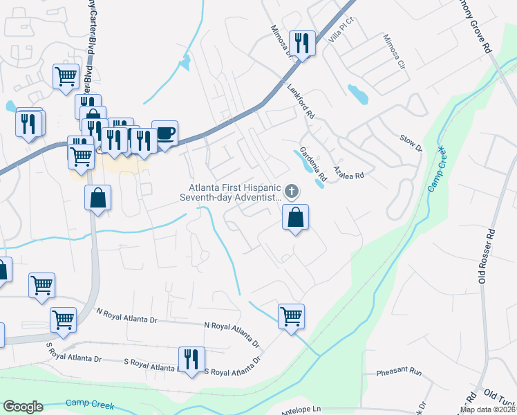 map of restaurants, bars, coffee shops, grocery stores, and more near 94 Thorncrest Court in Tucker