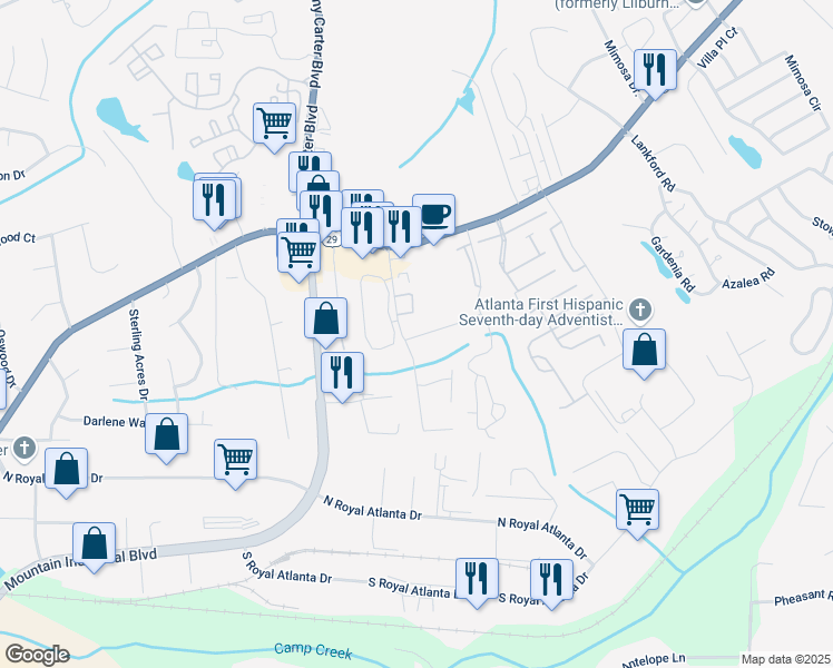 map of restaurants, bars, coffee shops, grocery stores, and more near 5000 Leeshire Trail in Tucker
