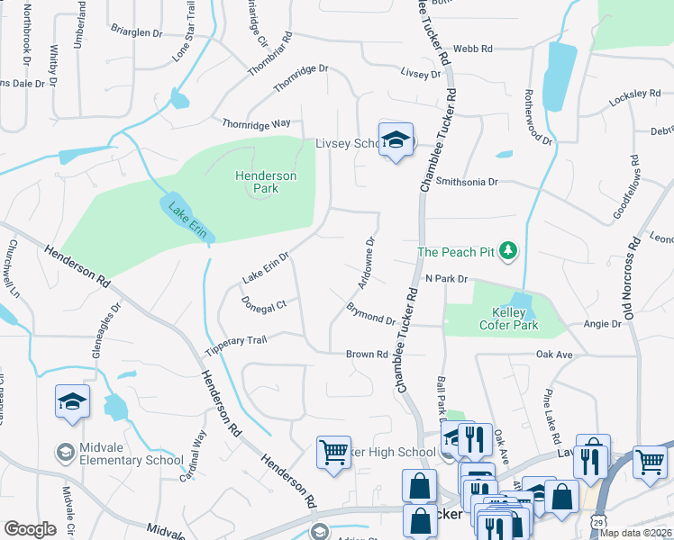 map of restaurants, bars, coffee shops, grocery stores, and more near 4071 West Kasselryne Court in Tucker