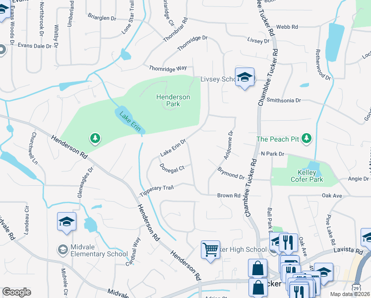 map of restaurants, bars, coffee shops, grocery stores, and more near 3947 Brown Road in Tucker