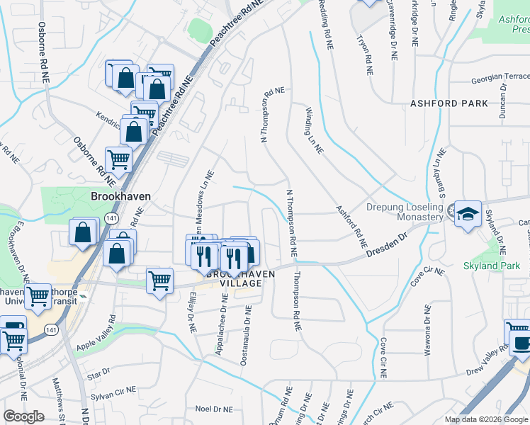 map of restaurants, bars, coffee shops, grocery stores, and more near 1508 Dresden Drive Northeast in Atlanta