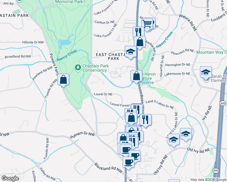 map of restaurants, bars, coffee shops, grocery stores, and more near 92 Laurel Drive Northeast in Atlanta
