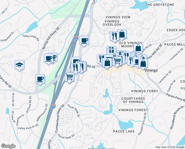 map of restaurants, bars, coffee shops, grocery stores, and more near 2771 Paces Lookout Lane Southeast in Atlanta