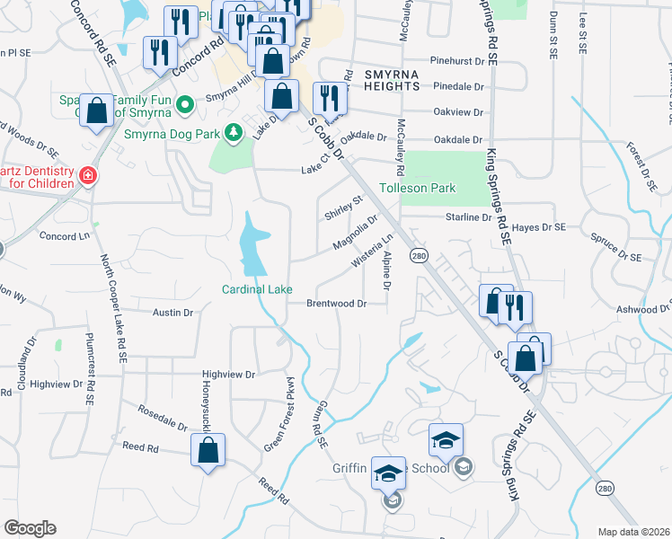 map of restaurants, bars, coffee shops, grocery stores, and more near 3678 Wisteria Lane in Smyrna
