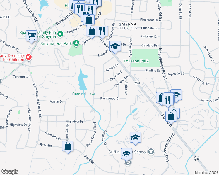 map of restaurants, bars, coffee shops, grocery stores, and more near 3684 Wisteria Lane in Smyrna