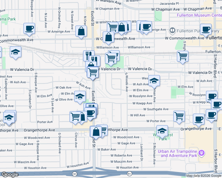 map of restaurants, bars, coffee shops, grocery stores, and more near 736 West Elm Avenue in Fullerton