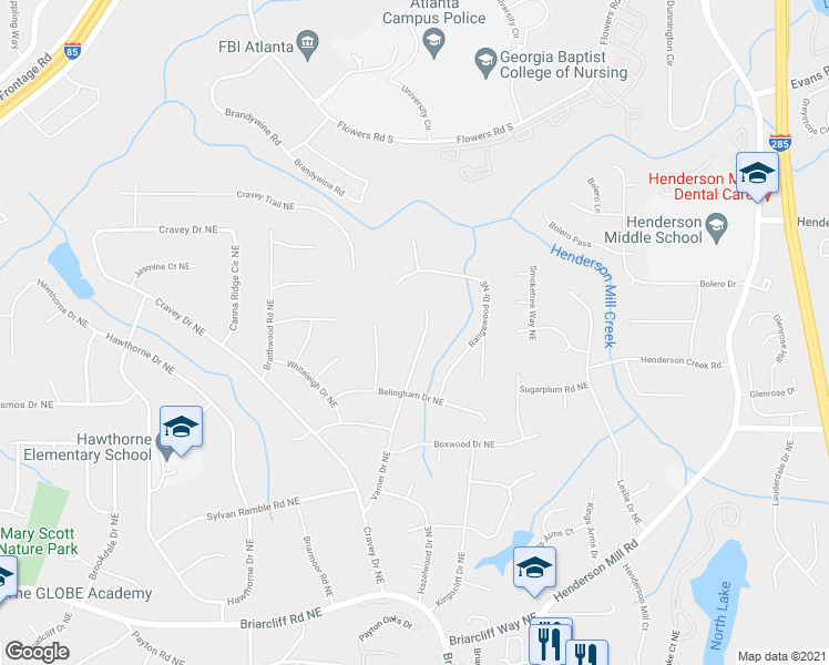 map of restaurants, bars, coffee shops, grocery stores, and more near 2648 Varner Drive Northeast in Atlanta