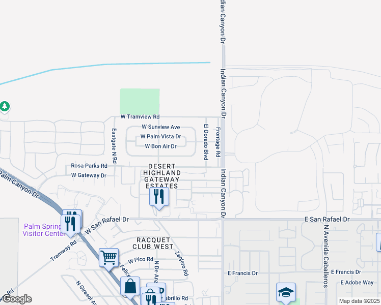 map of restaurants, bars, coffee shops, grocery stores, and more near 325 East Avenue Cerca in Palm Springs