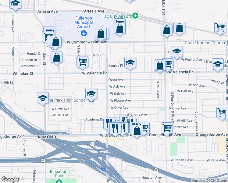 map of restaurants, bars, coffee shops, grocery stores, and more near 3621 West Oak Avenue in Fullerton