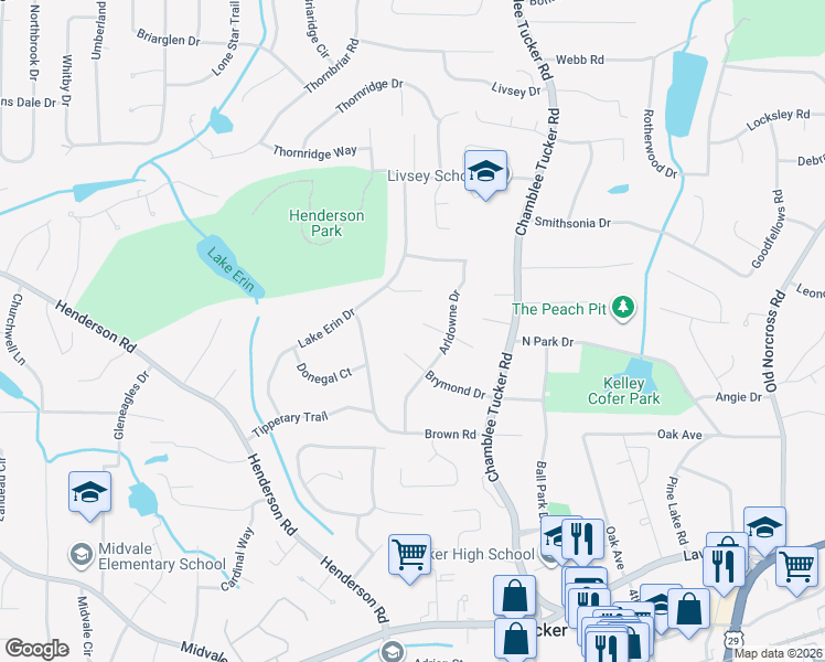 map of restaurants, bars, coffee shops, grocery stores, and more near 4071 W Kasselryne Ct in Tucker