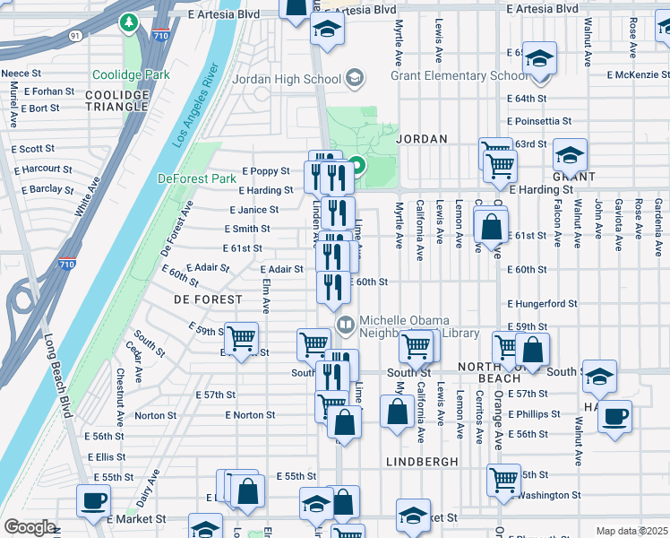 map of restaurants, bars, coffee shops, grocery stores, and more near 6025 Atlantic Avenue in Long Beach