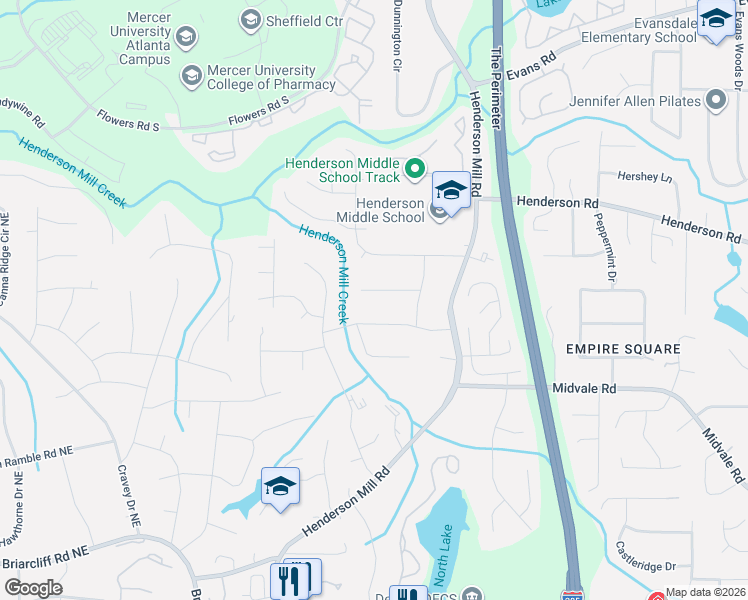 map of restaurants, bars, coffee shops, grocery stores, and more near 3269 Indian Valley Trail in Atlanta